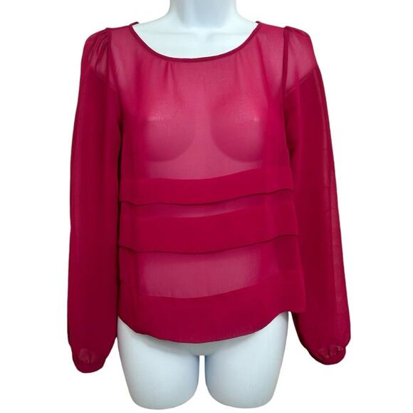 BCBGeneration Magenta Semi Sheer Blouse Sz XS Open Back Loose Long-Sleeve Top - Picture 2 of 7